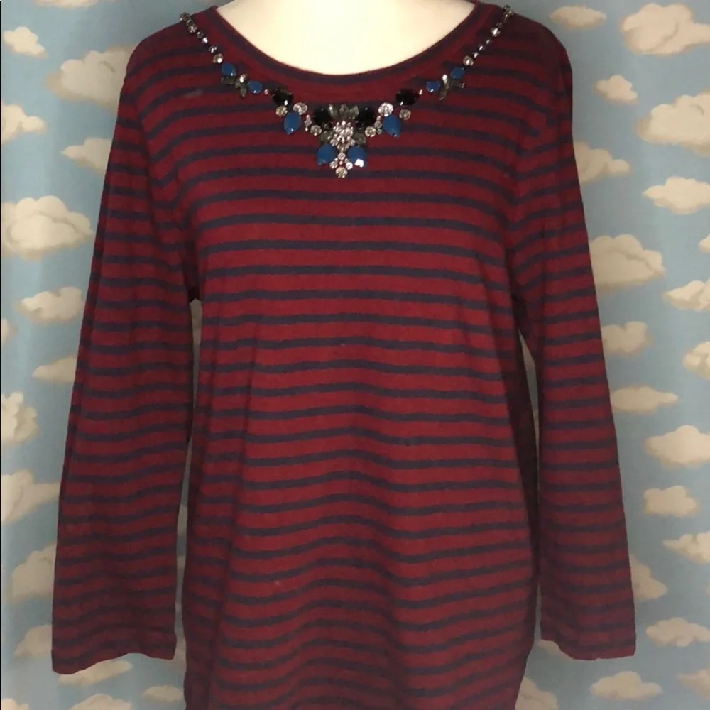 J. Crew 3/4‎ sleeve top with jewels at neckline Red/blue stripes Sz Large